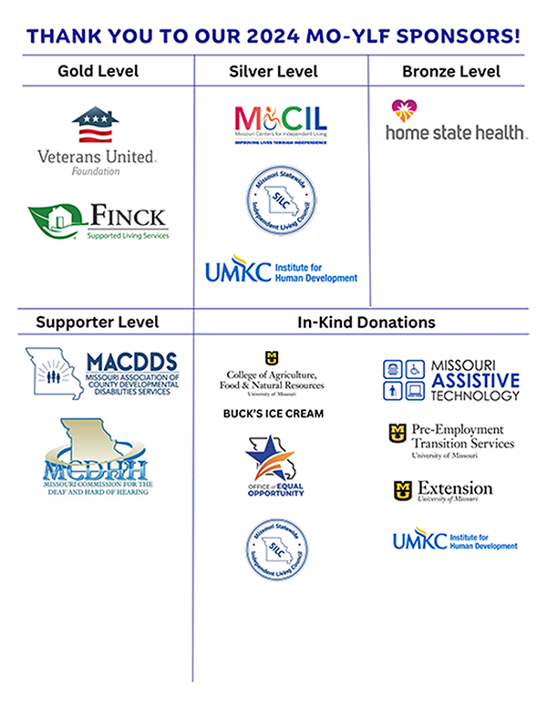 Thank you to our 2024 MO-YLF sponsors! Gold level: Veterans United, Finck. Silver level: Missour Statewide Independent Living Council, UMKC Institute for Human Development, Missouri Centers for Independent Living Bronze level: Home State Health. Supporter level: MACDDS, MCDHH. In-Kind Donations: College of Agriculture, Buck's Ice Cream, Office of Equal Opportunity, SILC, MU Pre-Employment Transition Service, MU Extension, UMKC Institute for Human Development.