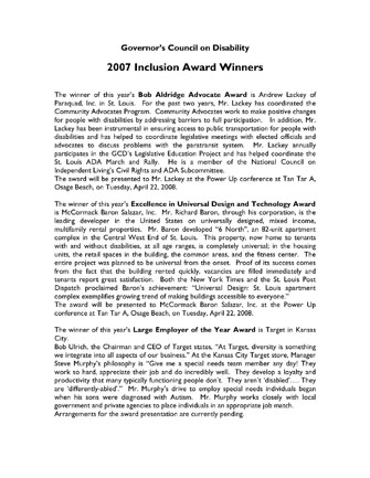 2007 Winners of Governers Council on Disability Annual Inclusion Award