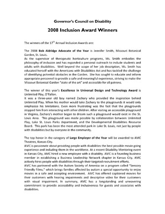 2008 Winners of Governers Council on Disability Annual Inclusion Award