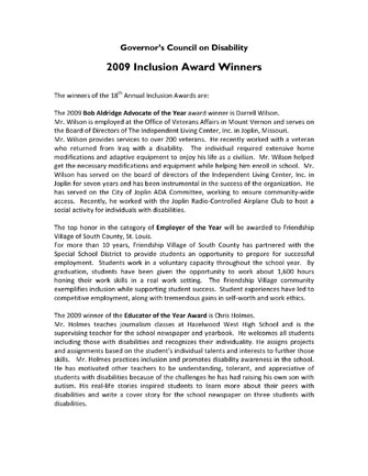 2009 Winners of Governers Council on Disability Annual Inclusion Award