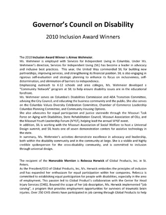 2010 Winners of Governers Council on Disability Annual Inclusion Award