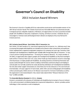 2011 Winners of Governers Council on Disability Annual Inclusion Award