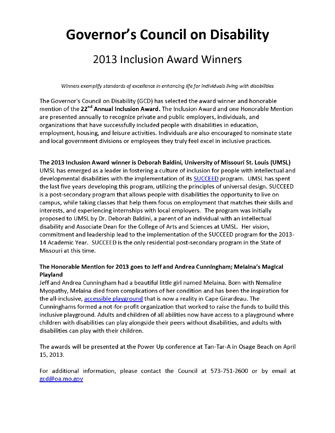 2013 Winners of Governers Council on Disability Annual Inclusion Award