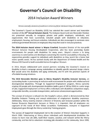 2014 Winners of Governers Council on Disability Annual Inclusion Award
