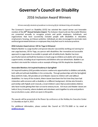 2016 Winners of Governers Council on Disability Annual Inclusion Award