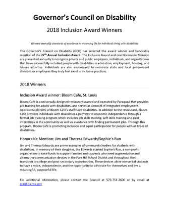 2018 Winners of Governers Council on Disability Annual Inclusion Award