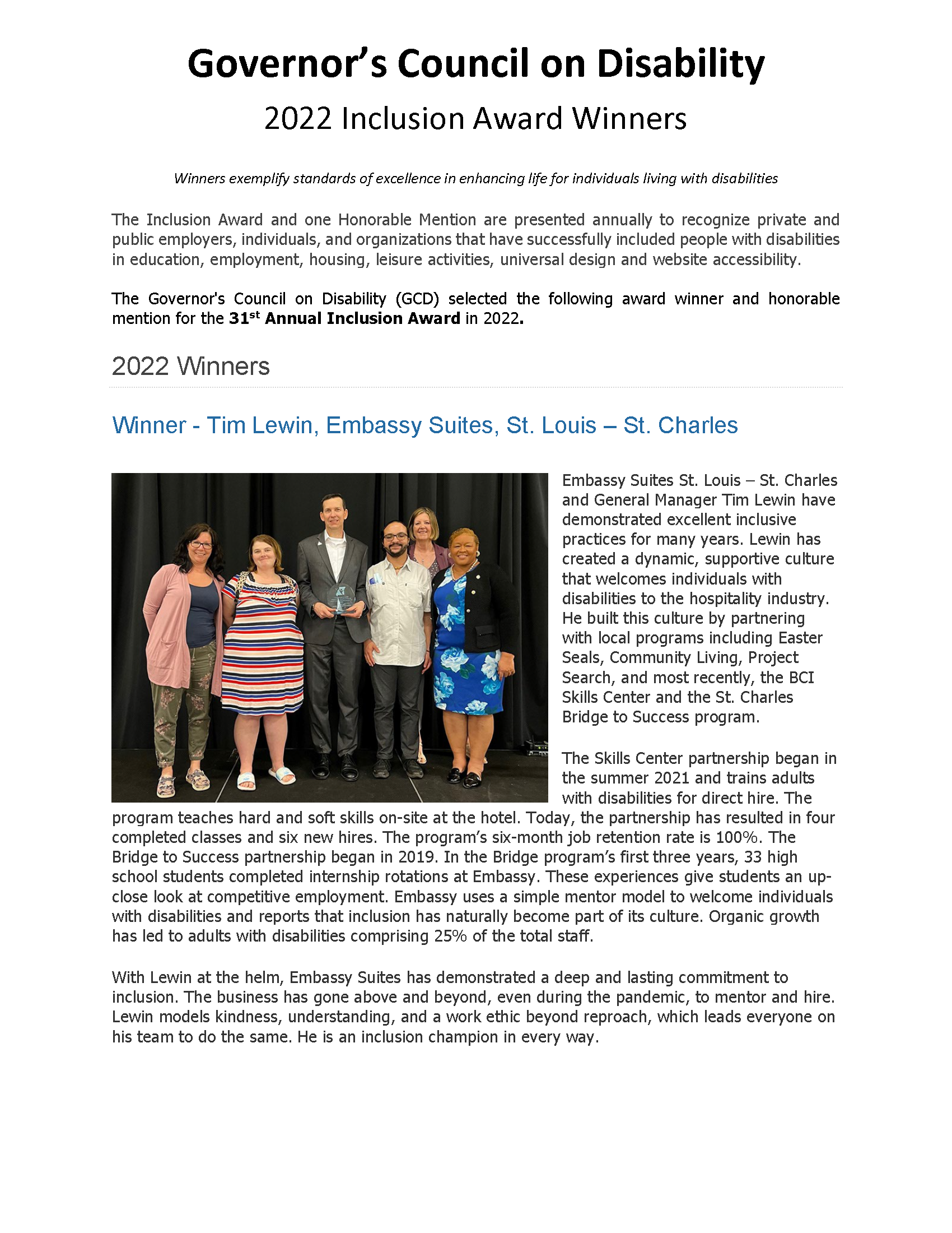 2022 Winners of Governers Council on Disability Annual Inclusion Award