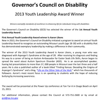 2013 Winners of Governers Council on Disability Annual Youth Leadership Award