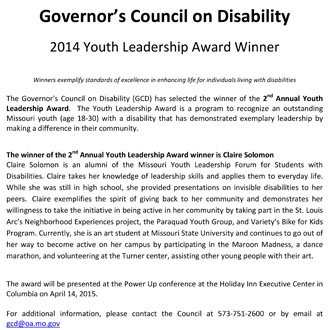 2014 Winners of Governers Council on Disability Annual Youth Leadership Award
