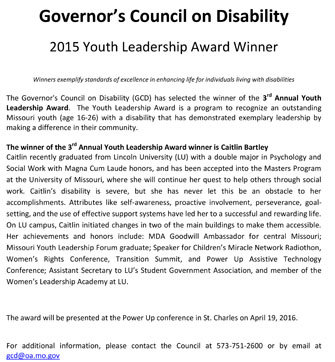 2015 Winners of Governers Council on Disability Annual Youth Leadership Award