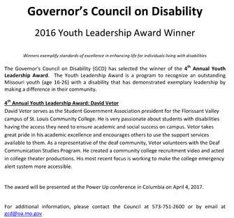 2016 Winners of Governers Council on Disability Annual Youth Leadership Award