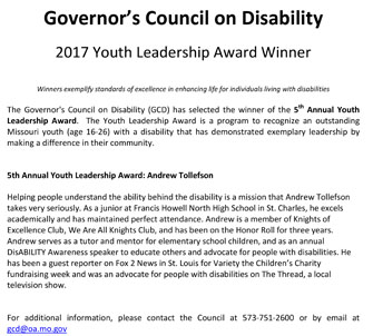 2017 Winners of Governers Council on Disability Annual Youth Leadership Award