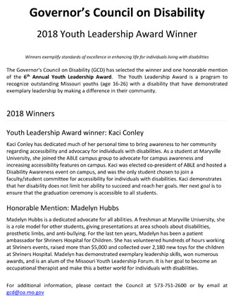 2018 Winners of Governers Council on Disability Annual Youth Leadership Award