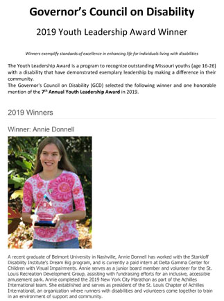 2019 Winners of Governers Council on Disability Annual Youth Leadership Award