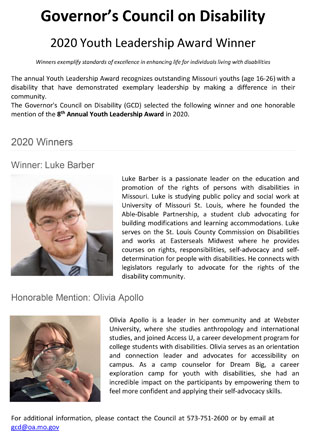 2020 Winners of Governers Council on Disability Annual Youth Leadership Award