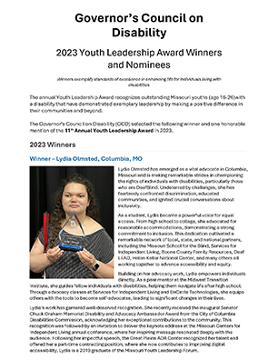 2023 Winners of Governers Council on Disability Annual Youth Leadership Award