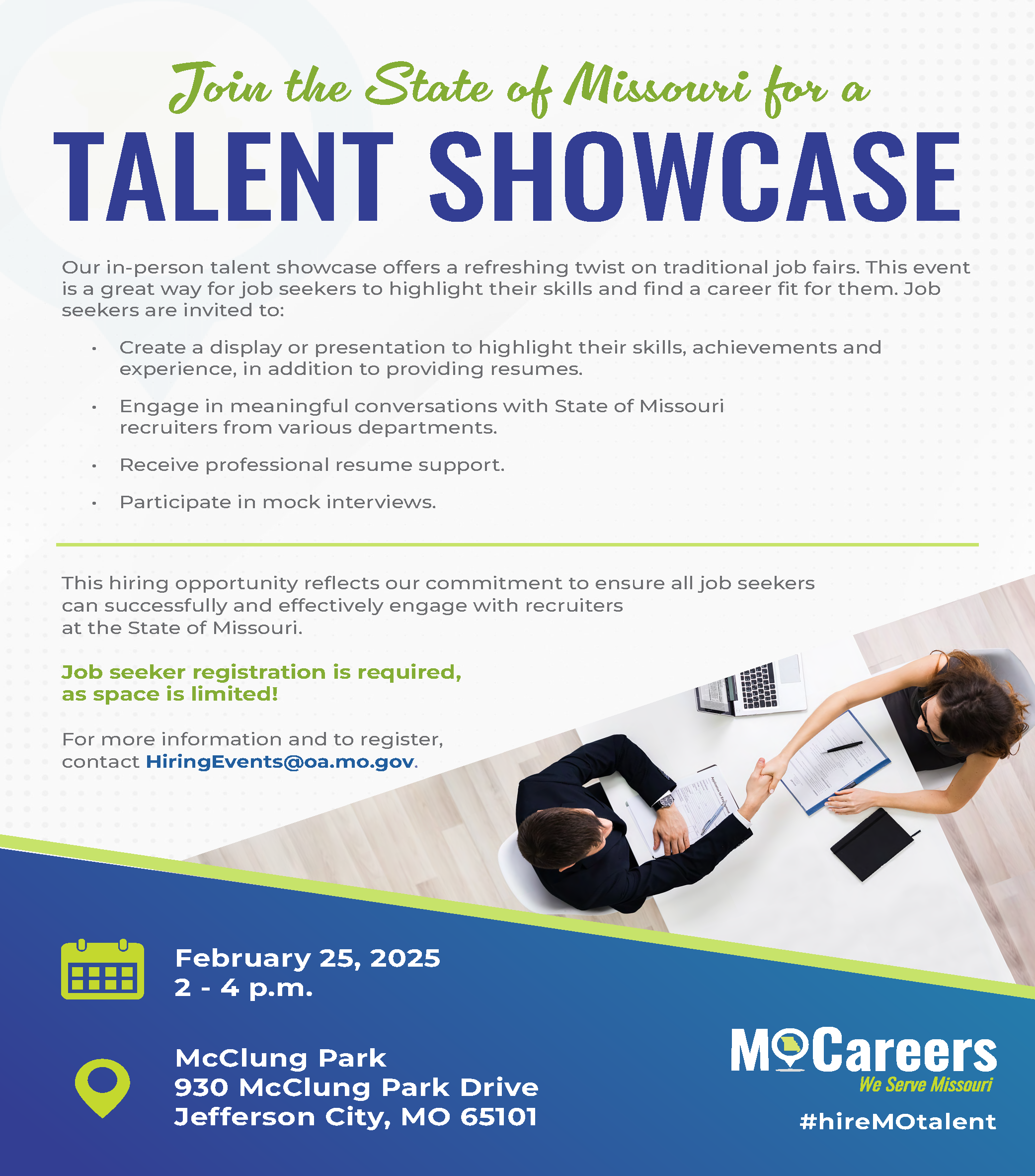 Join the State of Missouri for a Talent Showcase, February 25, 2025, 2-4pm, 930 McClung Park Drive, Jefferson City MO